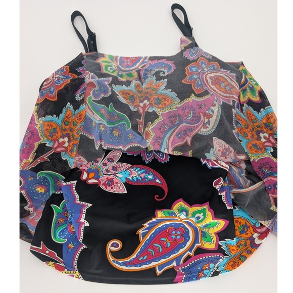 Mazu Swim Tankini Top L Black Paisley Mesh Tiered Babydoll Ruffle Boho Beachy - Picture 4 of 10